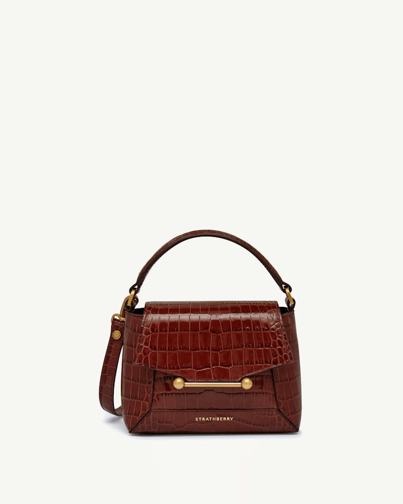 Strathberry Mosaic Nano croc leather top-handle bag with gold bar hardware