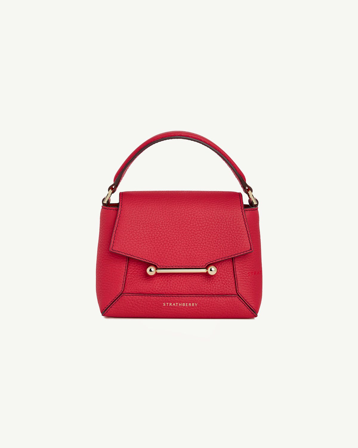 Strathberry Mosaic Nano bag, raspberry with burgundy stitch, front view on white.