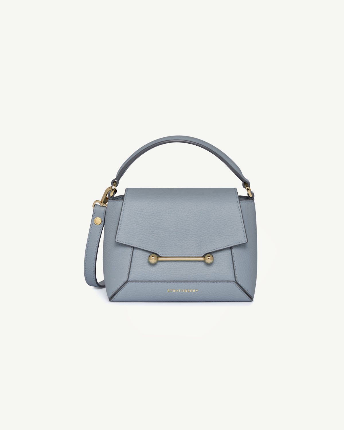 Strathberry Mosaic Nano handbag in dusky blue, front view with top handle.