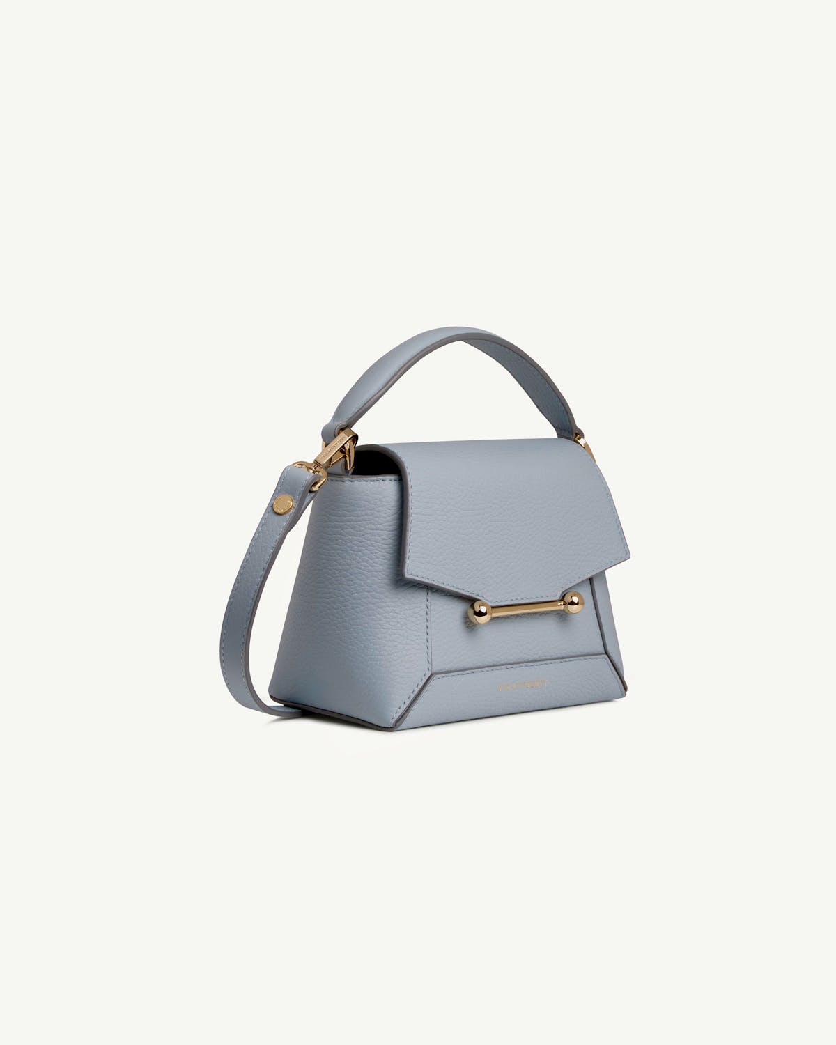 Strathberry Mosaic Nano dusky blue leather mini bag on white background
