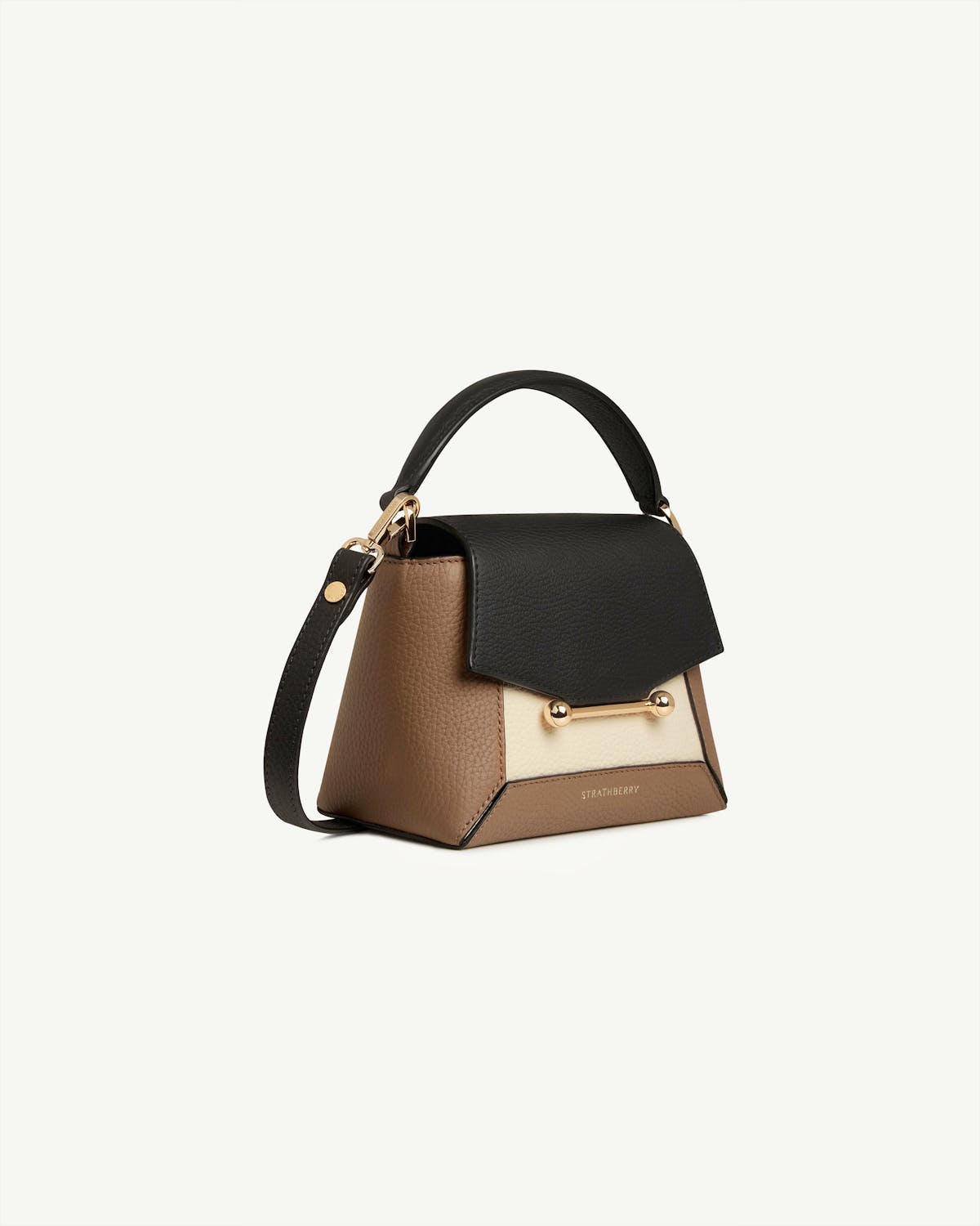 Strathberry Mosaic Nano small top-handle bag in clay, black and white with gold bar