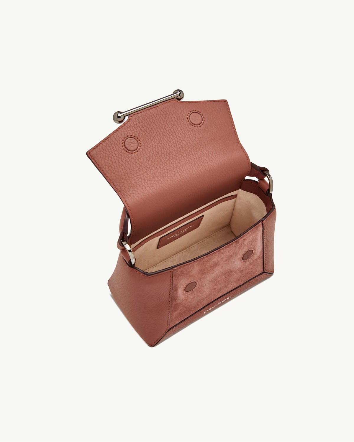 Strathberry Mosaic Nano bag open, sienna and dusty pink suede, silver bar handle