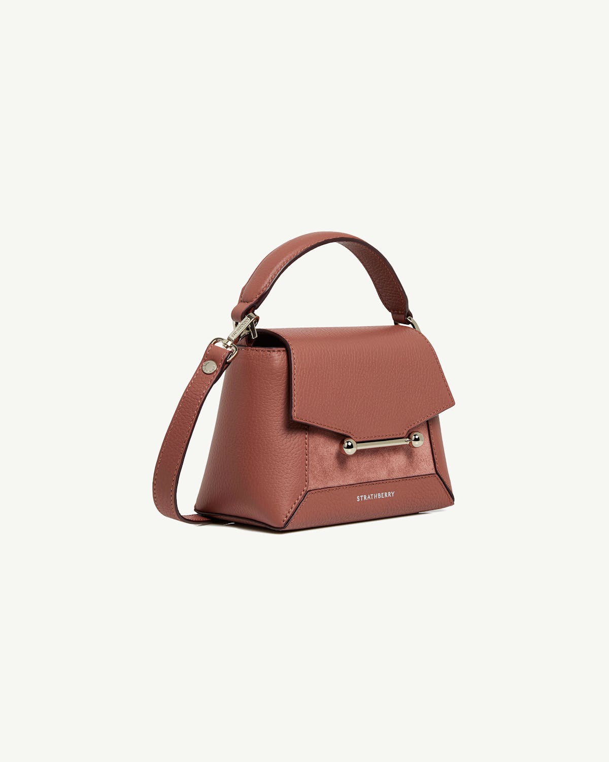 Strathberry Mosaic Nano bag in sienna and dusty pink suede with metal bar