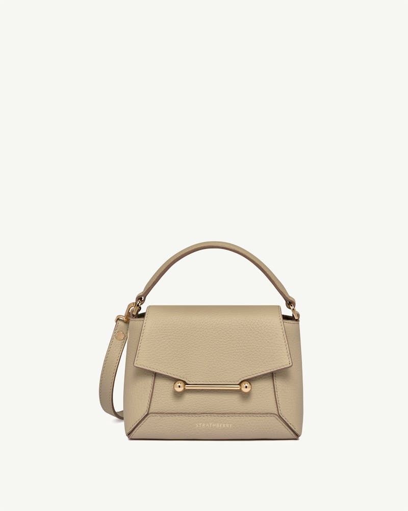 Strathberry Mosaic Nano bag in sand with top handle and gold bar