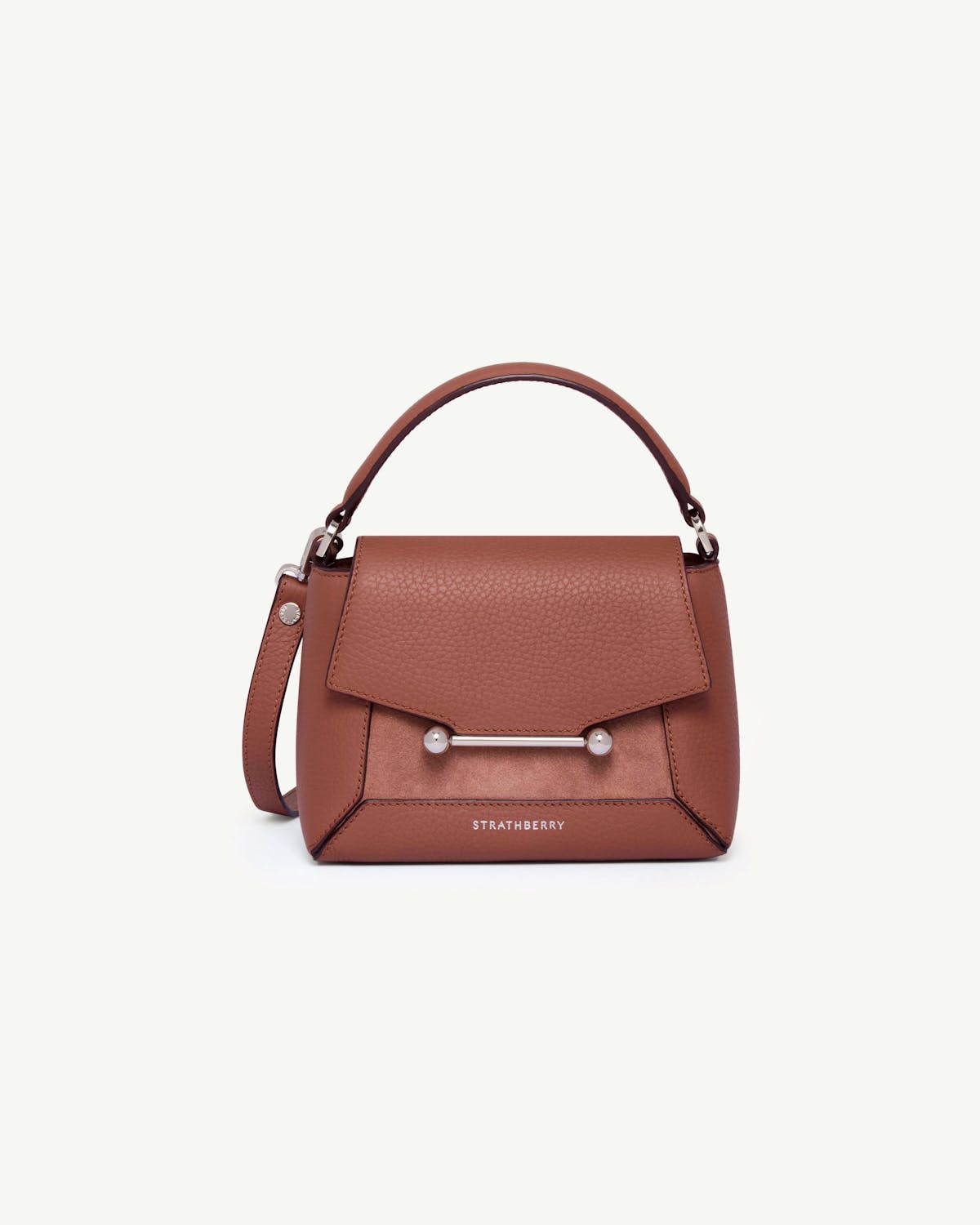 Strathberry Mosaic Nano handbag in sienna and dusty pink suede with metal bar