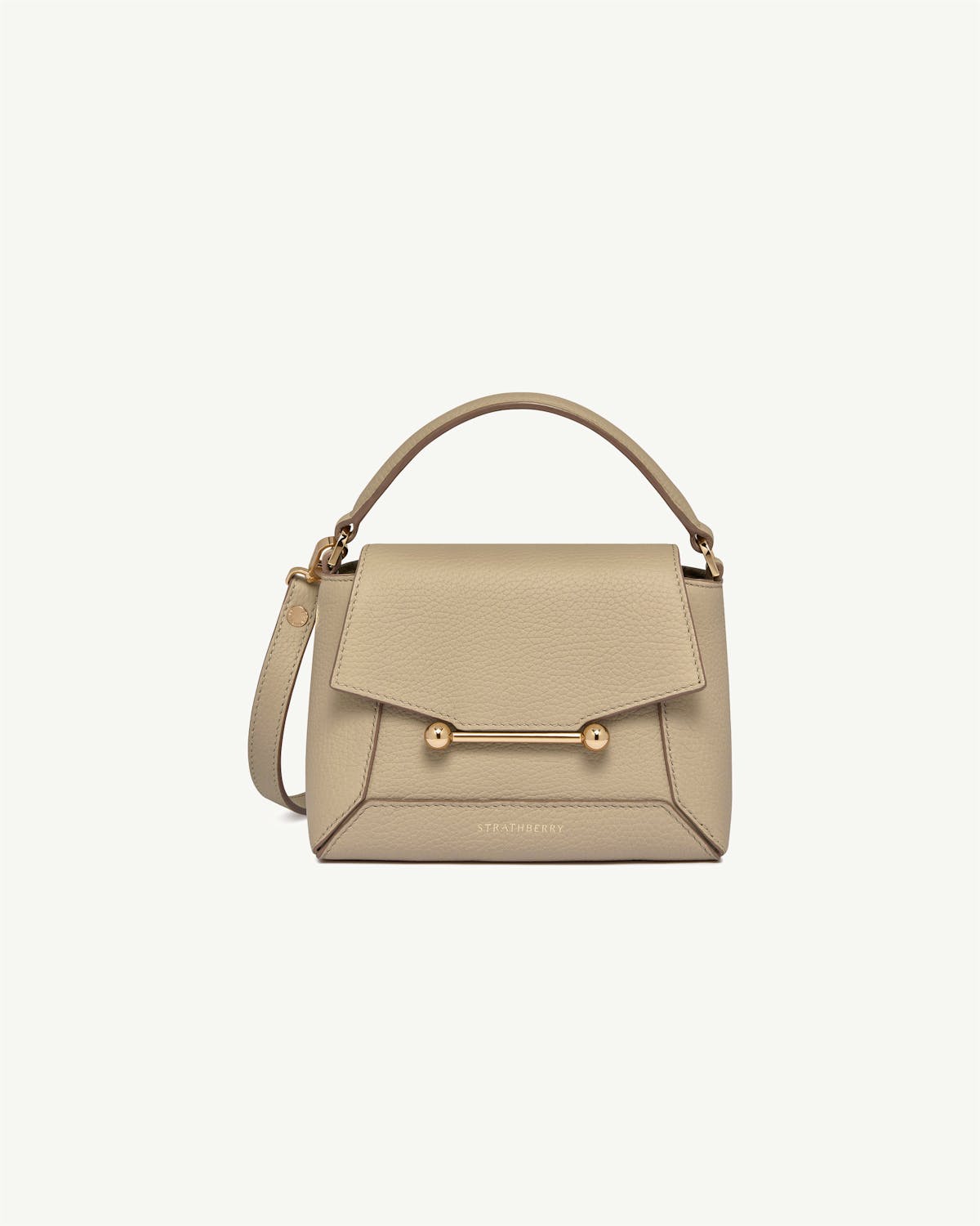 Strathberry Mosaic Nano bag in sand with top handle and gold bar closure