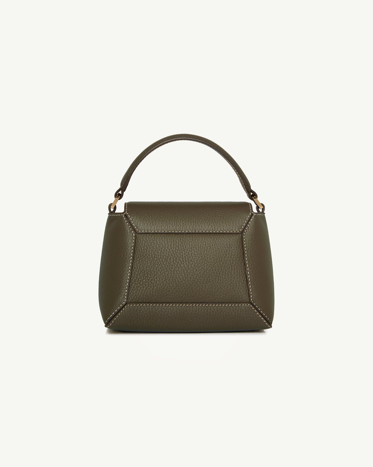 Small khaki top-handle bag in pebble leather with contrast stitching.