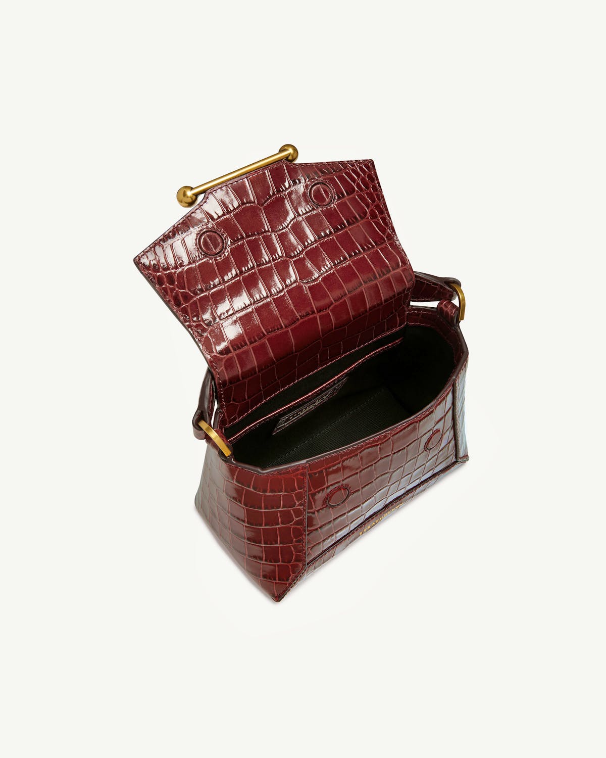 Deep red croc-effect Mosaic Nano bag with open flap showing interior