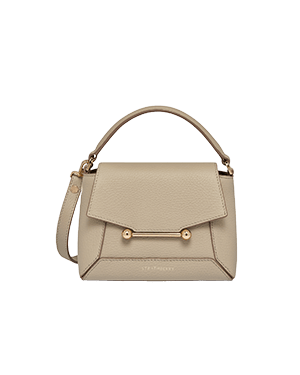 Strathberry Mosaic Nano top-handle bag in sand with signature bar closure.
