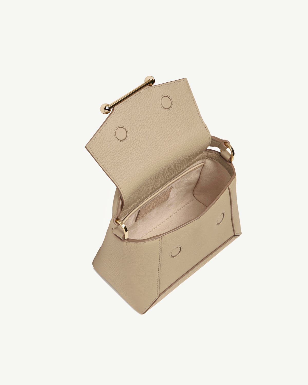 Sand Mosaic Nano bag open, showing interior and gold bar detail