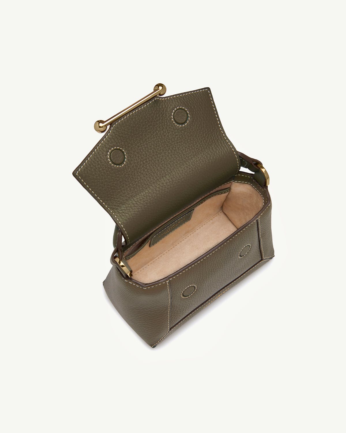 Khaki pebbled leather small top-handle bag open, gold bar handle, beige suede interior.