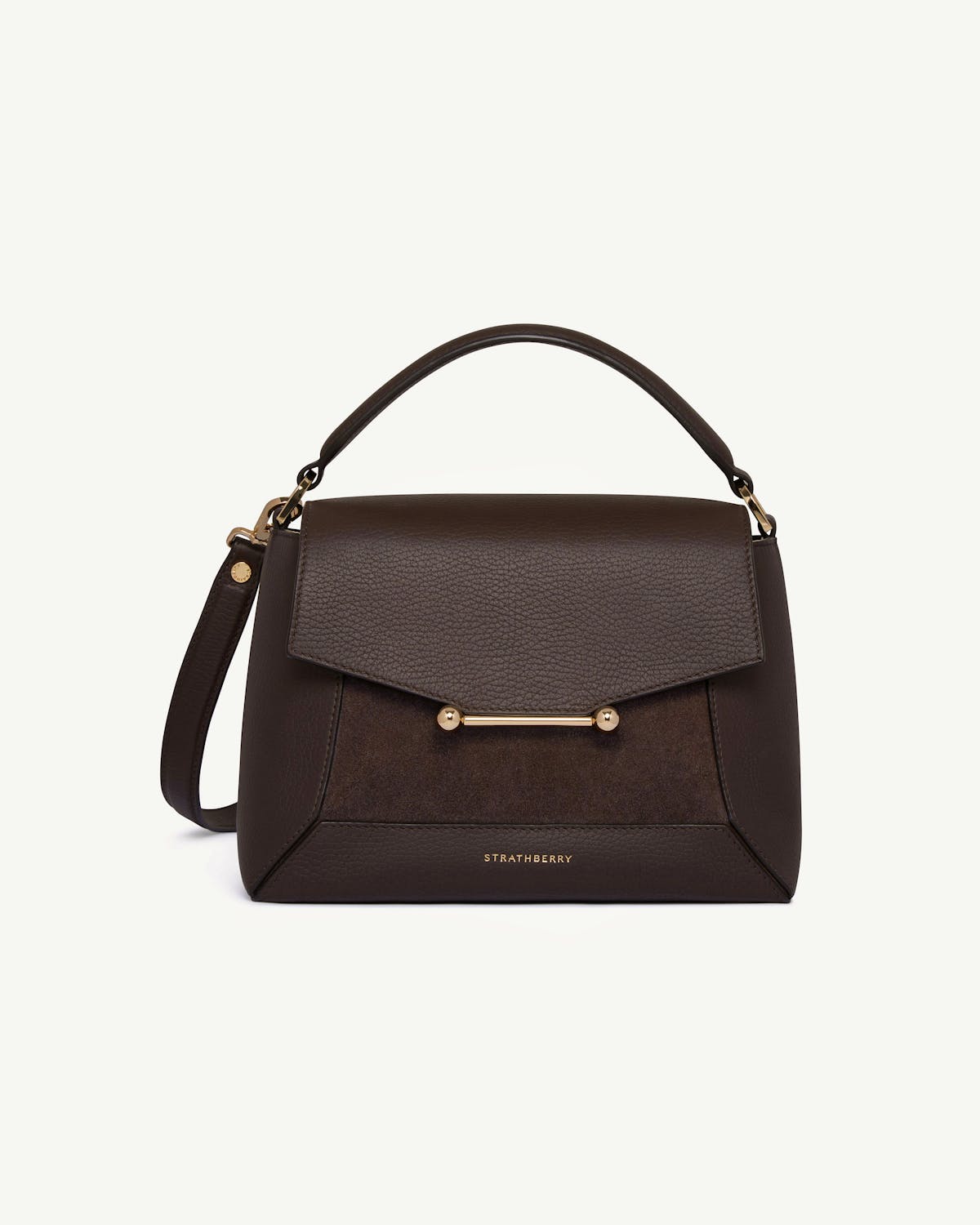 Strathberry Mosaic bag in dark chocolate suede and leather with top handle.