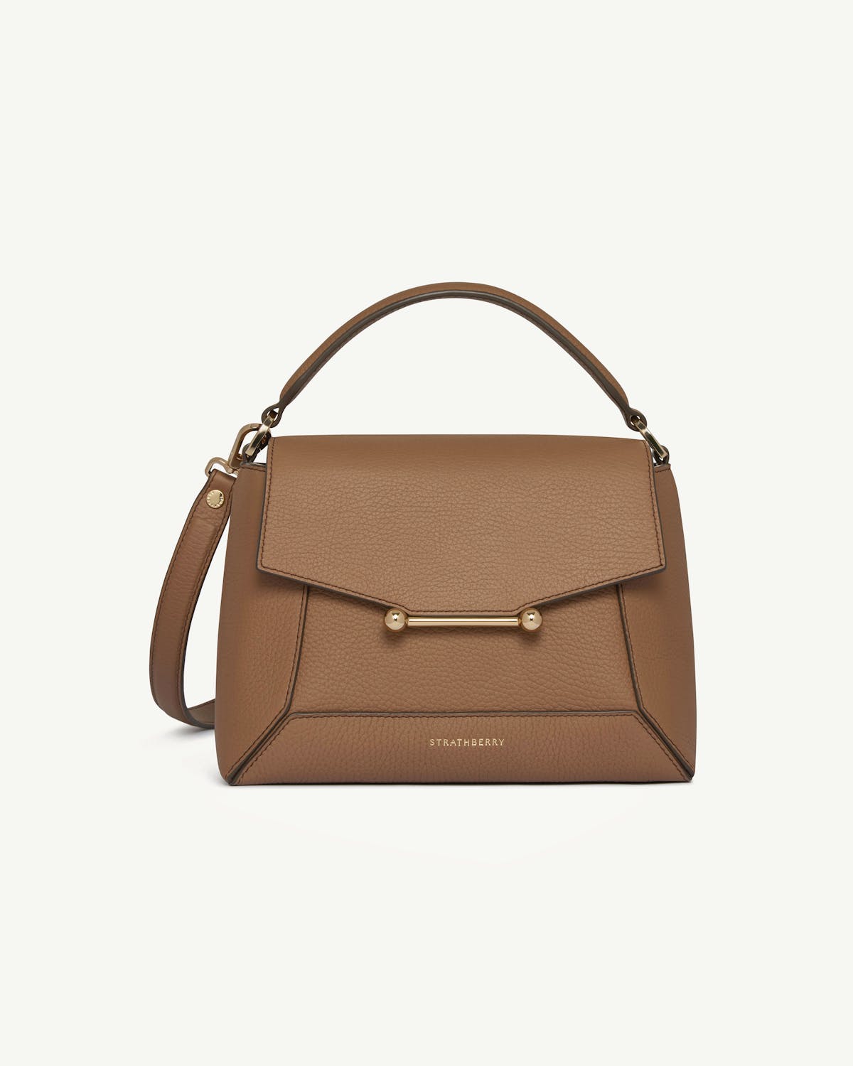 Strathberry Mosaic bag in clay, front view with top handle and strap.