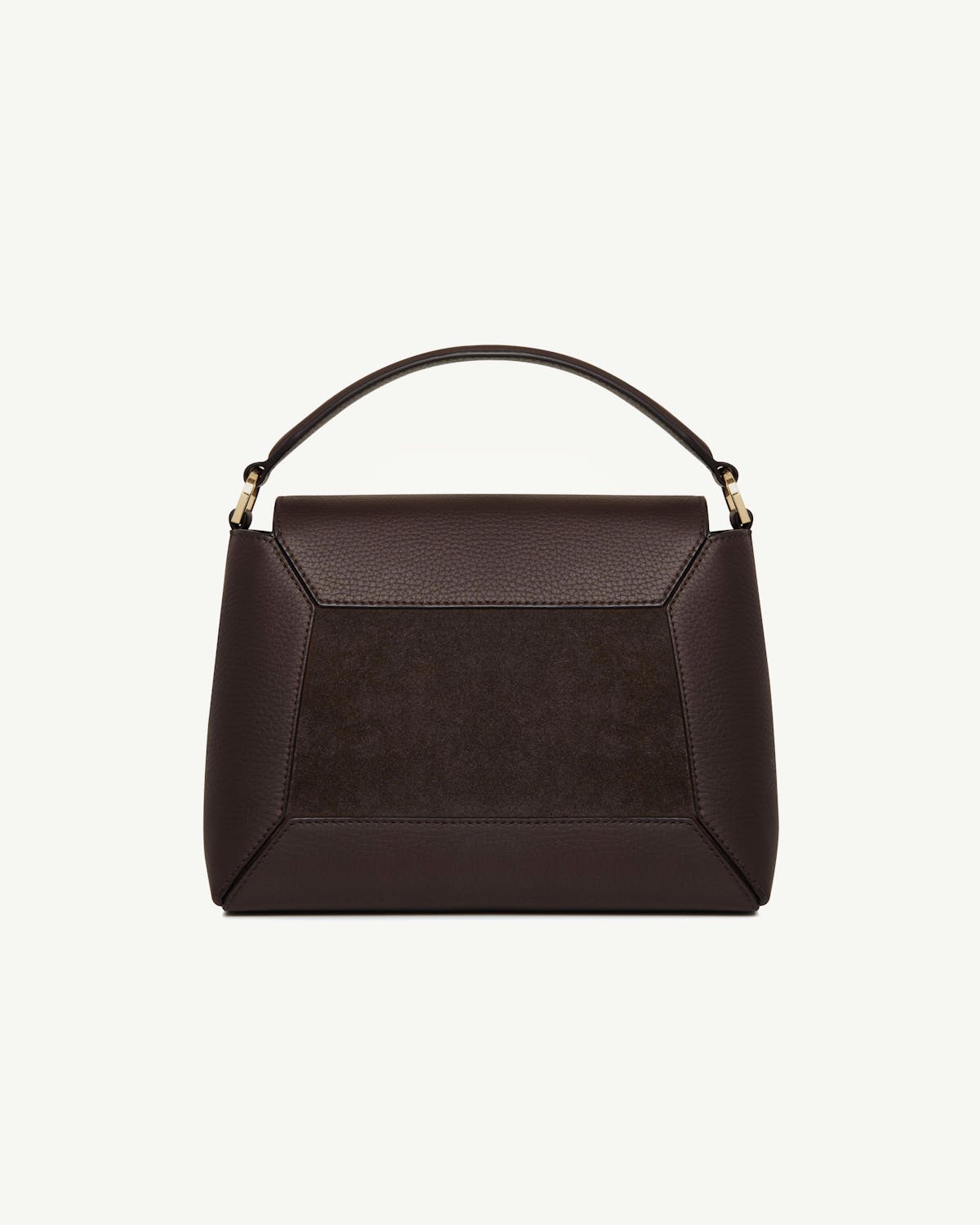 Dark chocolate mosaic bag in suede and leather with single top handle.