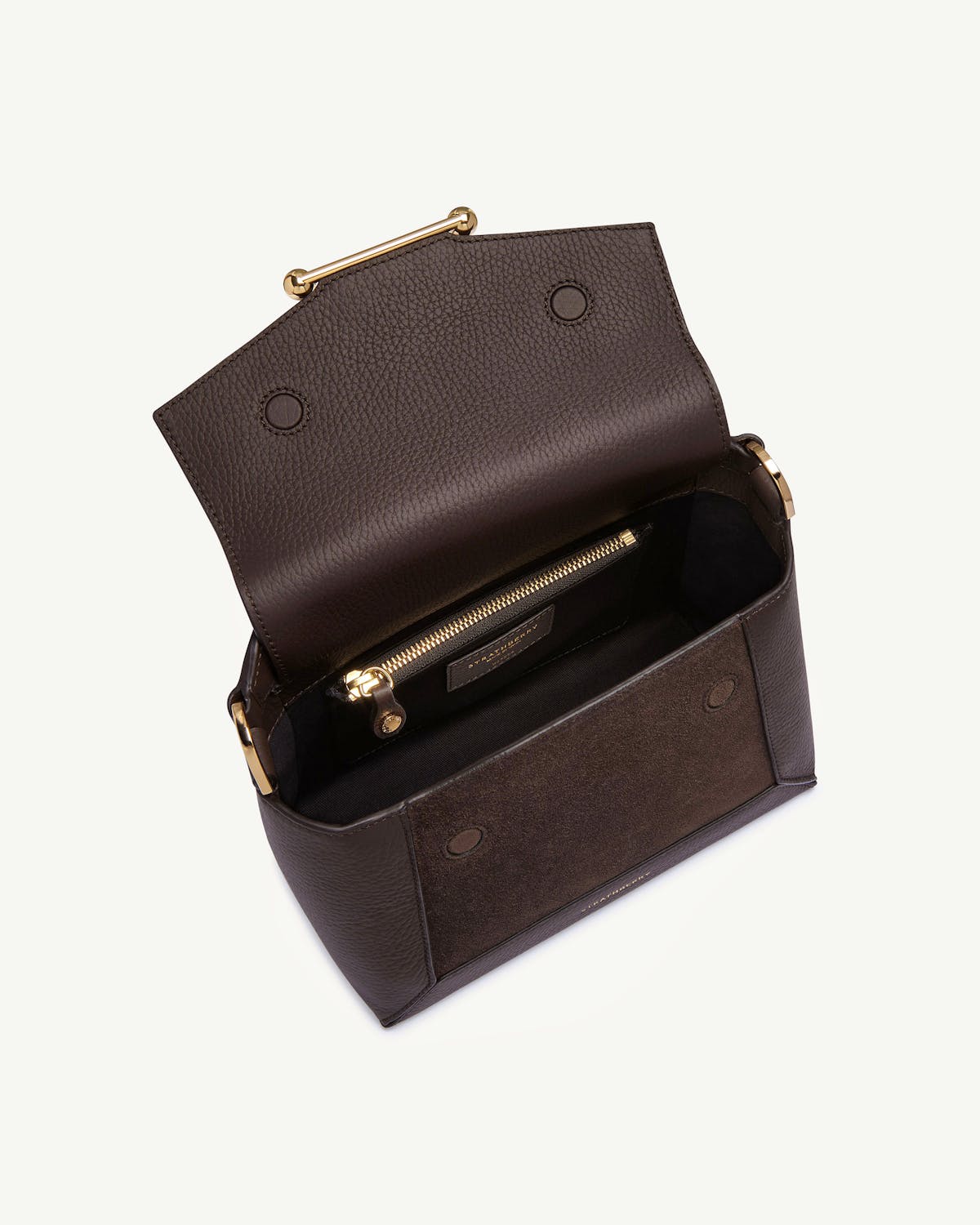 Dark chocolate suede and leather Mosaic Bag with open flap showing interior zip pocket