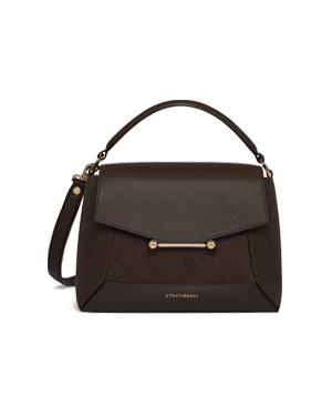 Strathberry Mosaic bag in dark chocolate suede and leather with top handle.