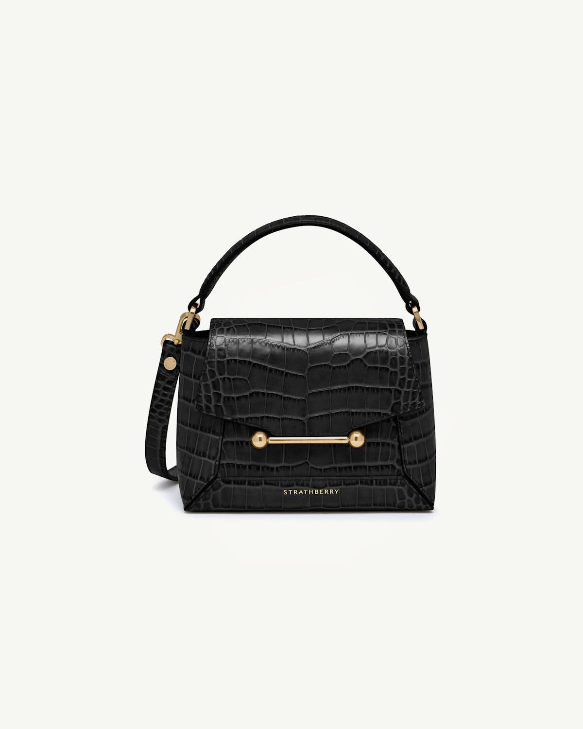Strathberry Mosaic Nano soft croc top-handle bag with gold bar closure.