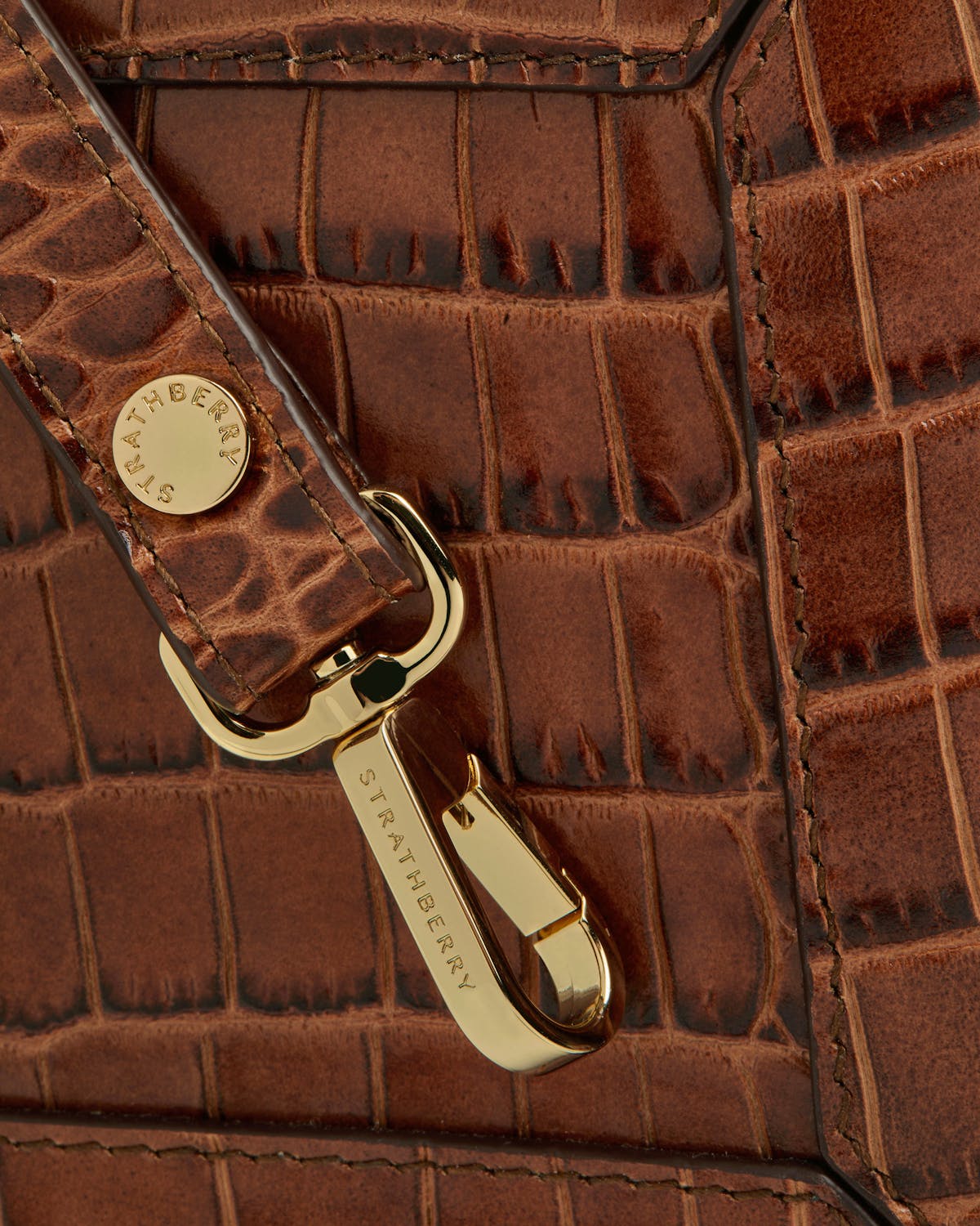 Close-up of Strathberry Mosaic Nano soft croc leather with gold clasp
