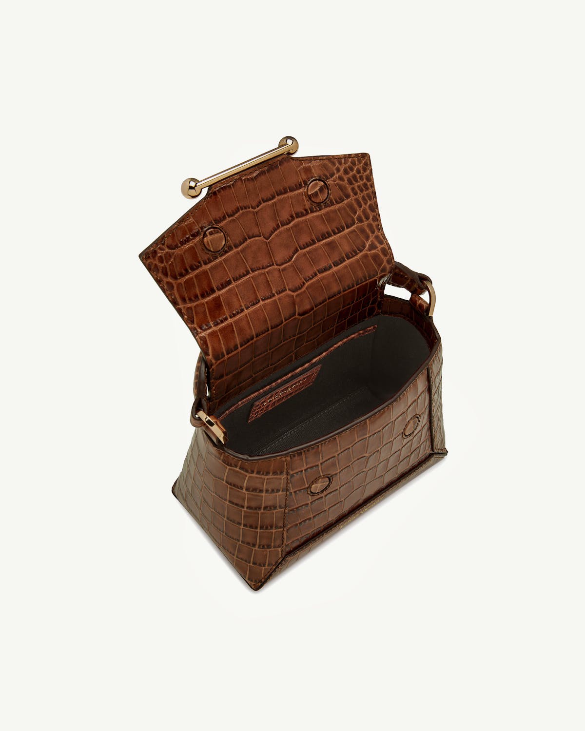 Soft croc brown Mosaic Nano bag open showing interior and bar closure