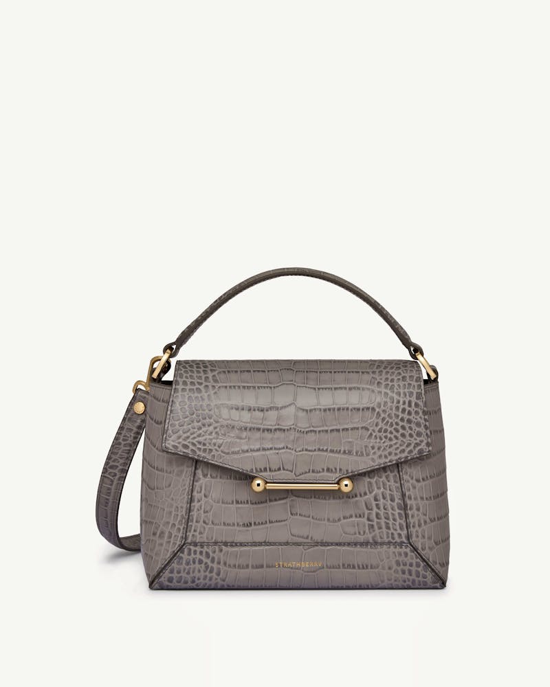 Strathberry mosaic bag in soft croc, front view on white background.