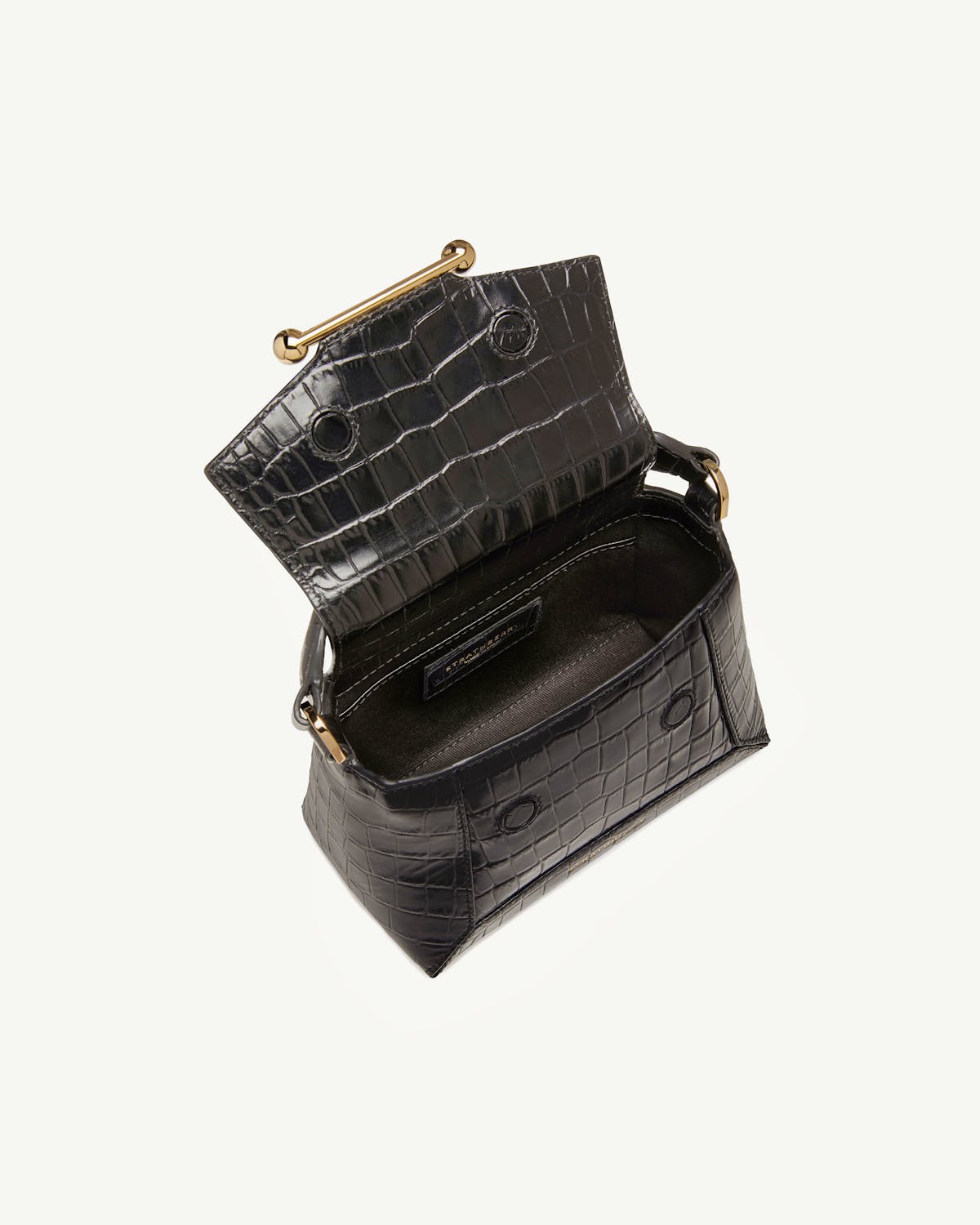Black soft croc Mosaic Nano bag open showing interior and gold bar closure
