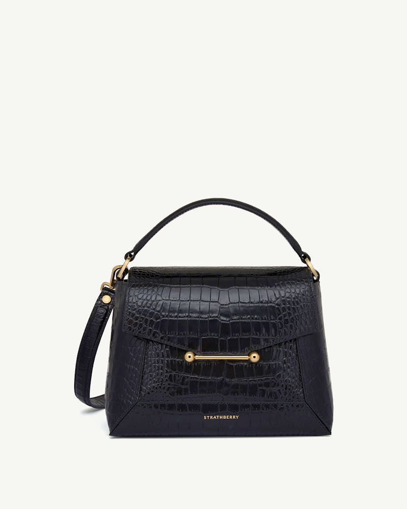 Black soft-croc mosaic bag with top handle, detachable strap and gold bar, Strathberry