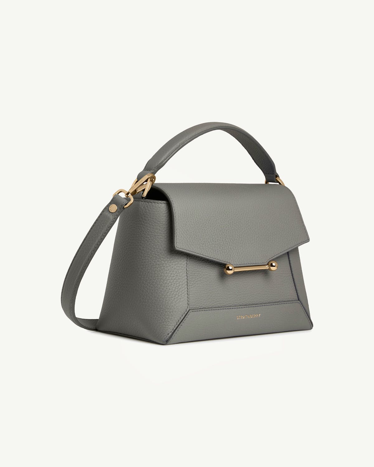 Stone grey Strathberry mosaic bag with top handle, shoulder strap and gold hardware.