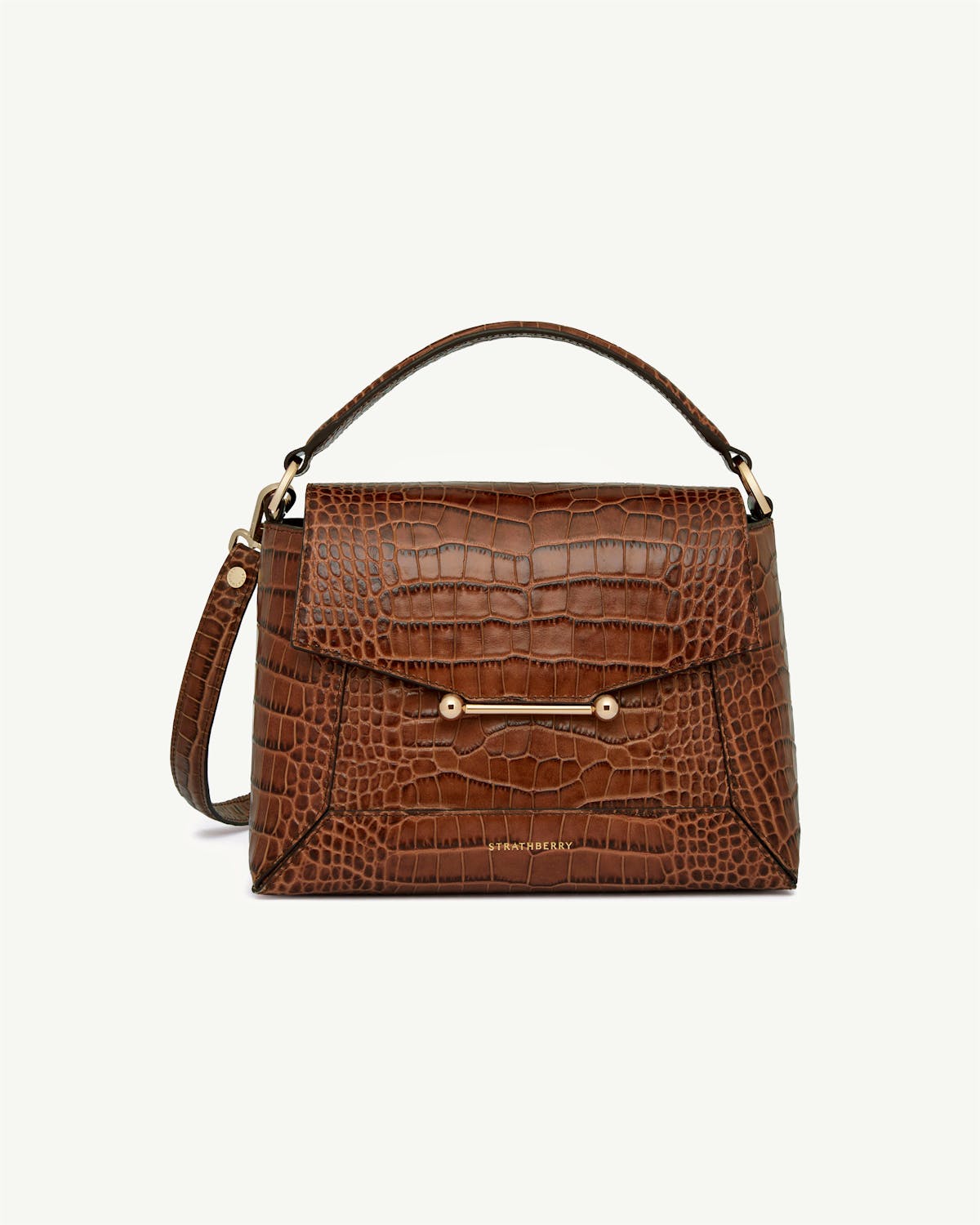 Strathberry Mosaic bag in soft croc brown with top handle and gold bar closure