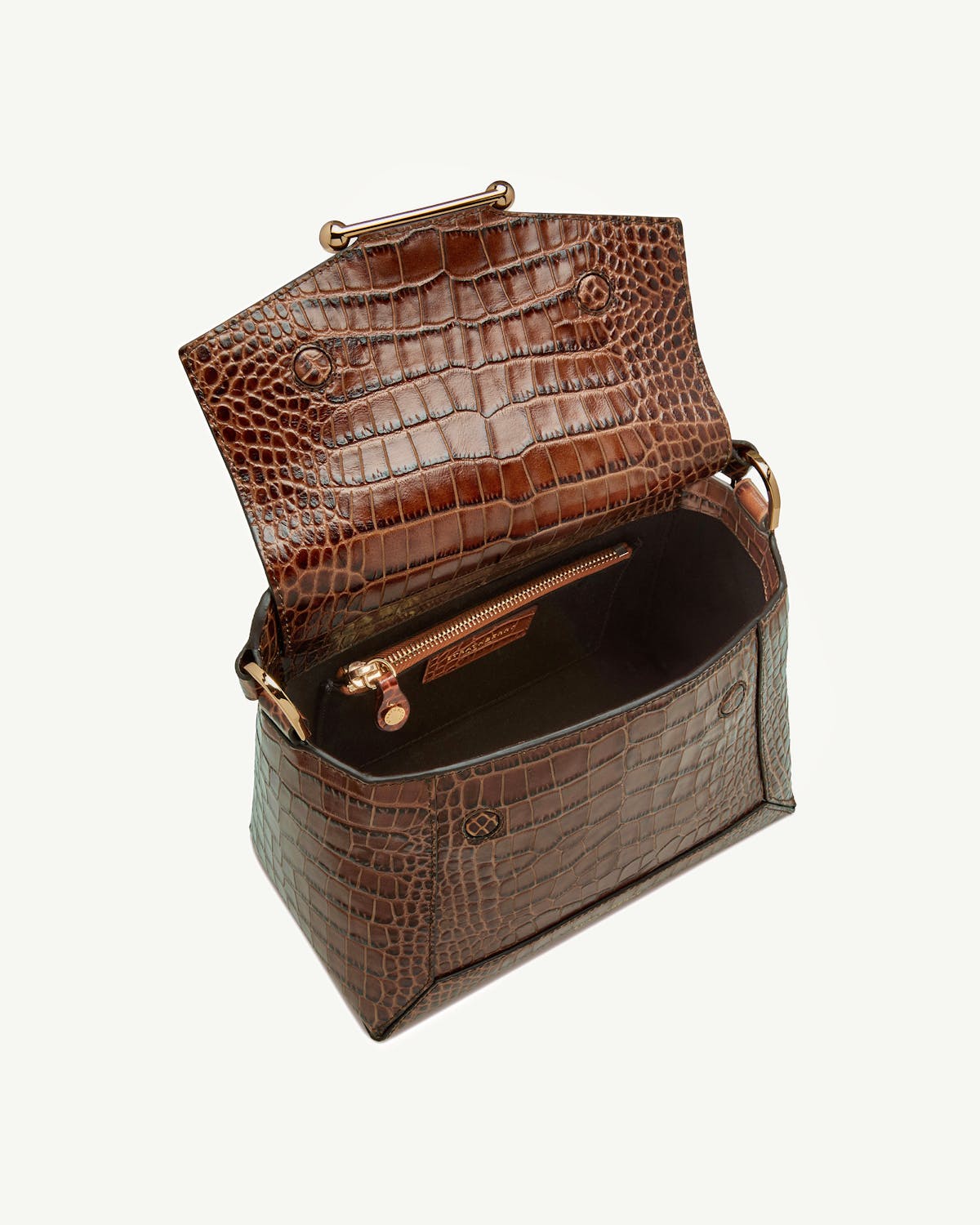 Mosaic bag in soft croc brown, open showing interior and zip pocket.
