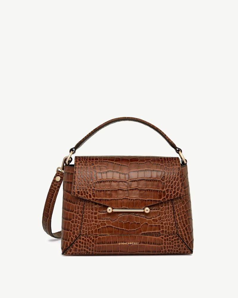 Brown soft-croc Strathberry Mosaic bag with top handle and gold-bar detail