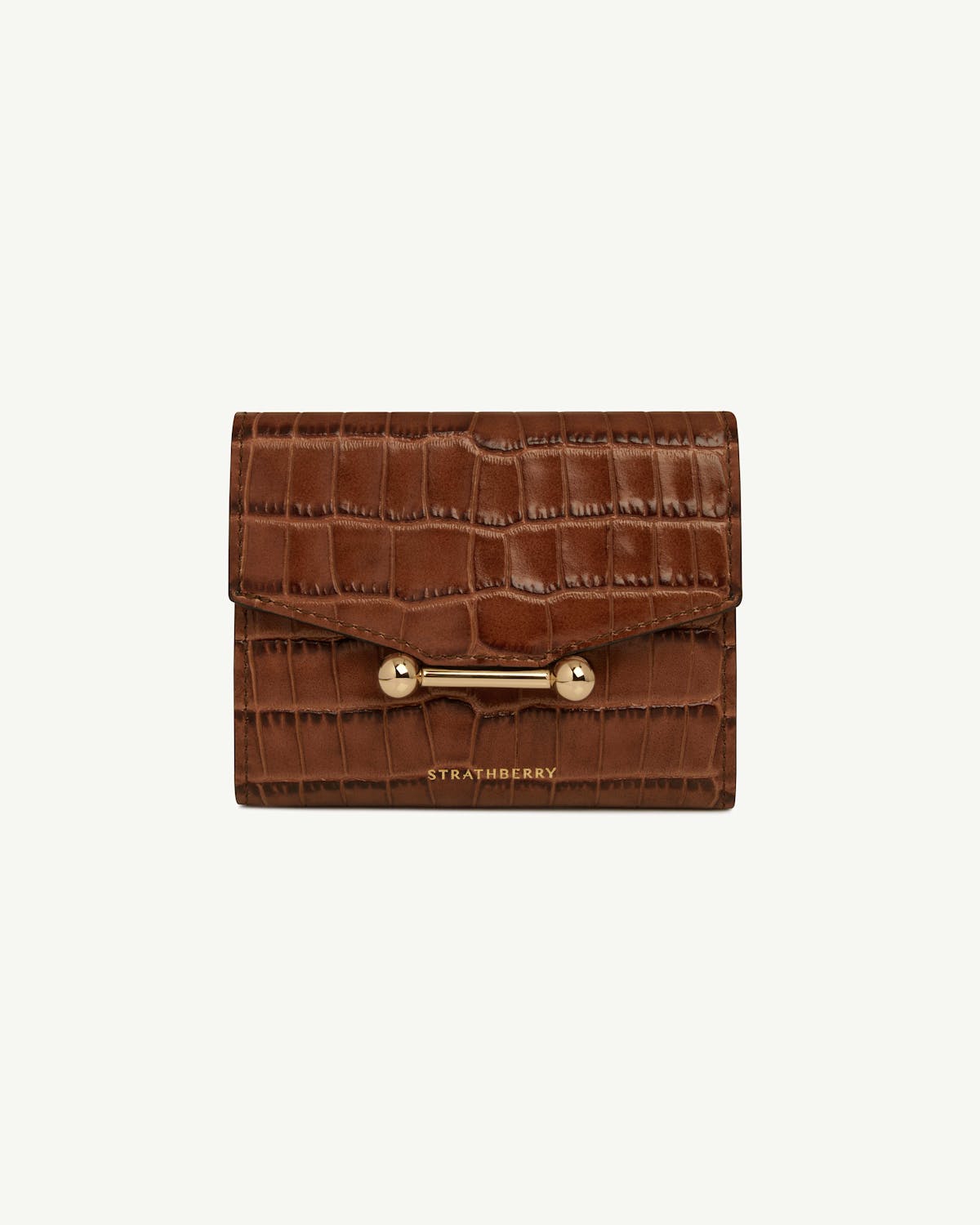 Strathberry mosaic trifold wallet in soft croc brown with gold bar hardware