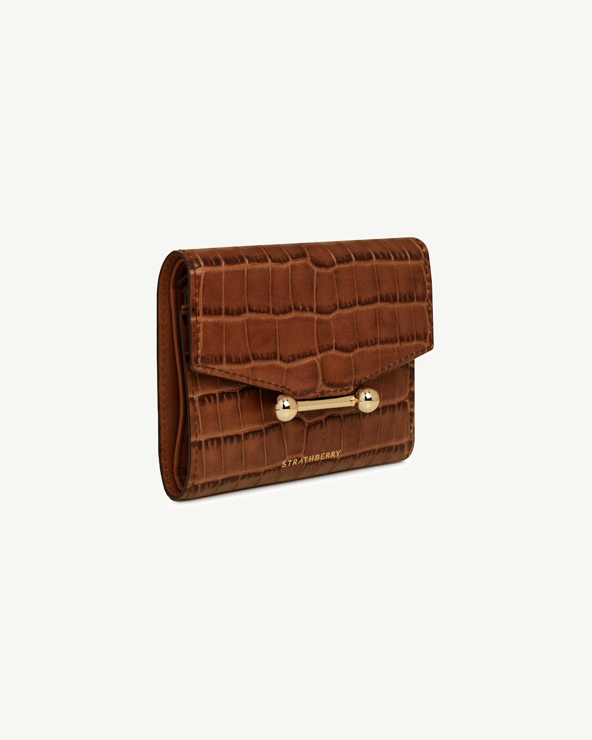 Strathberry mosaic trifold wallet in soft croc brown, angled front view.