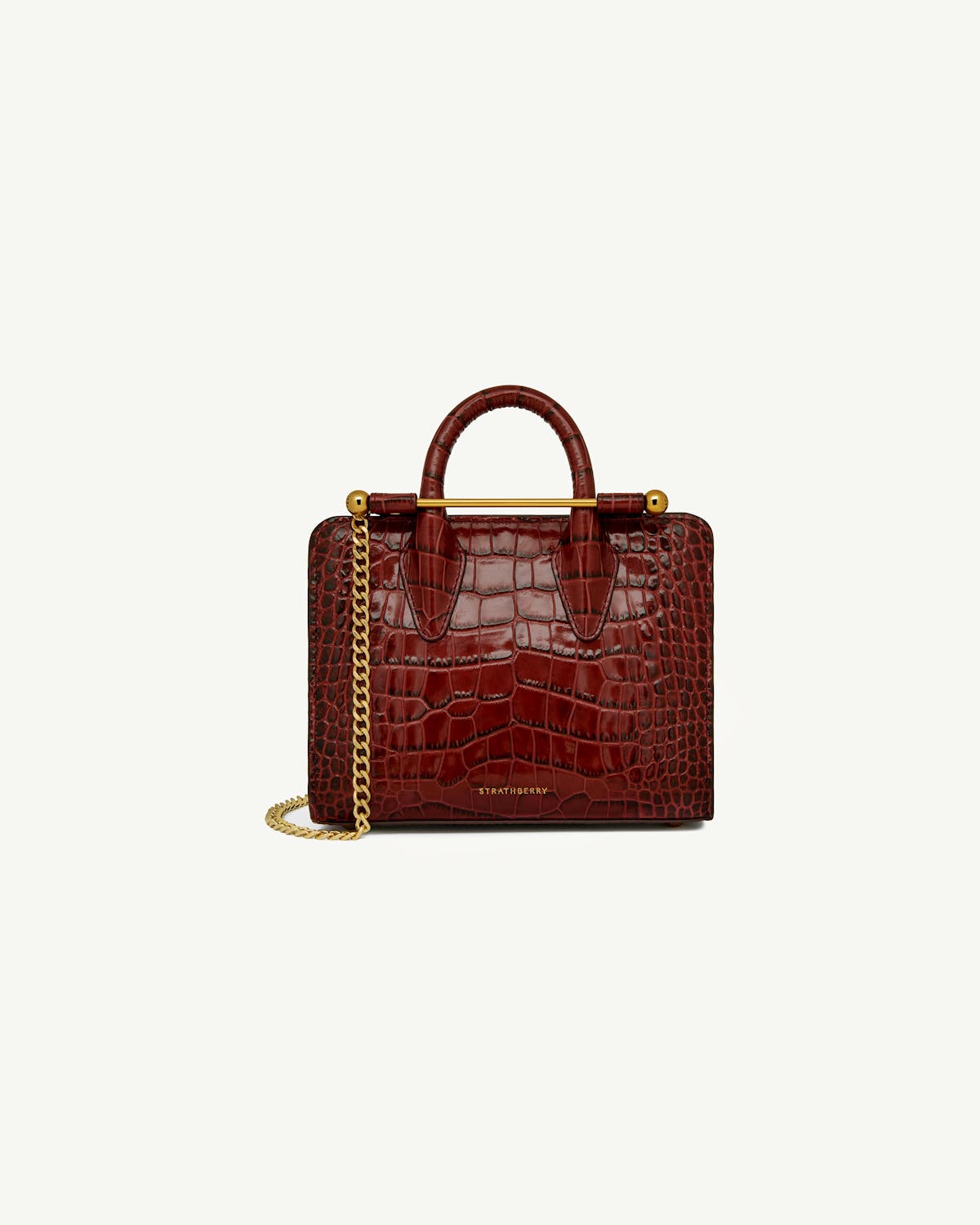 Strathberry nano tote in croc with top handle and gold chain