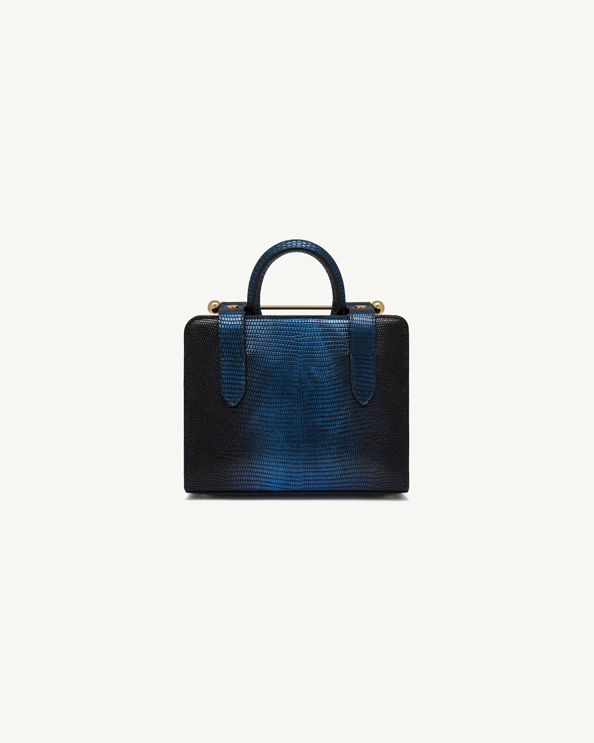 Small top handle Nano Tote in blue lizard effect leather with gold hardware