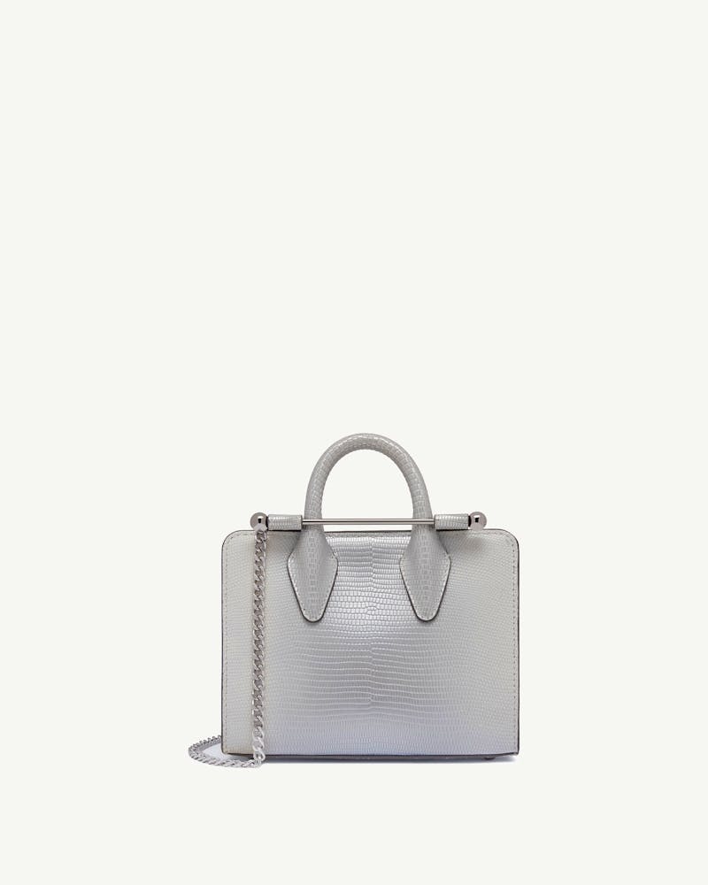 Nano tote in lizard-effect leather with top handles and chain strap.