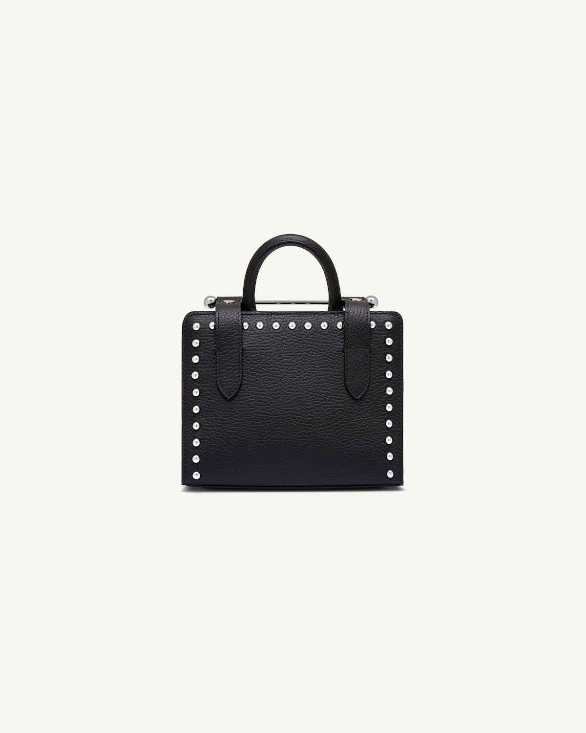 Black studded leather nano tote with top handles and silver hardware