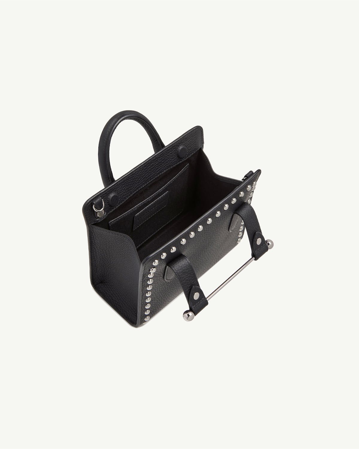 Black studded nano tote with open top and metal bar handle