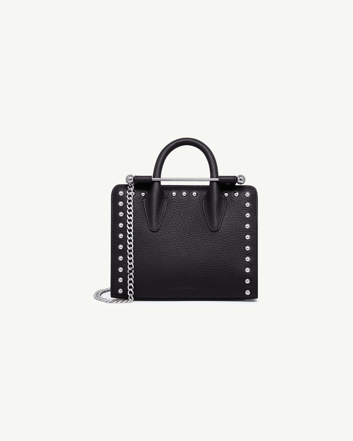 Strathberry nano tote in black studded leather with silver chain