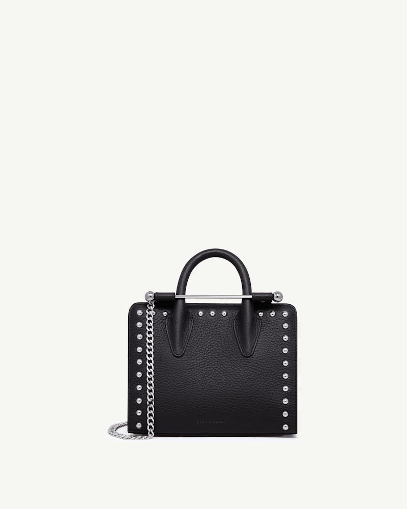 Strathberry black studded leather nano tote with top handles and chain strap
