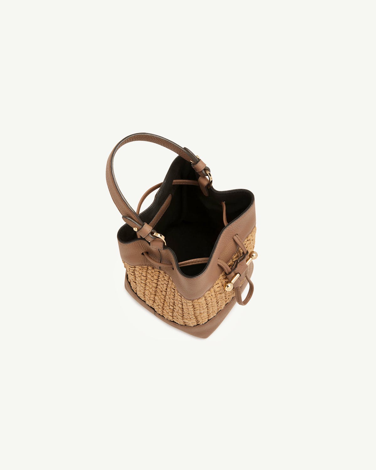 Raffia and clay bucket bag with top handle and drawstring