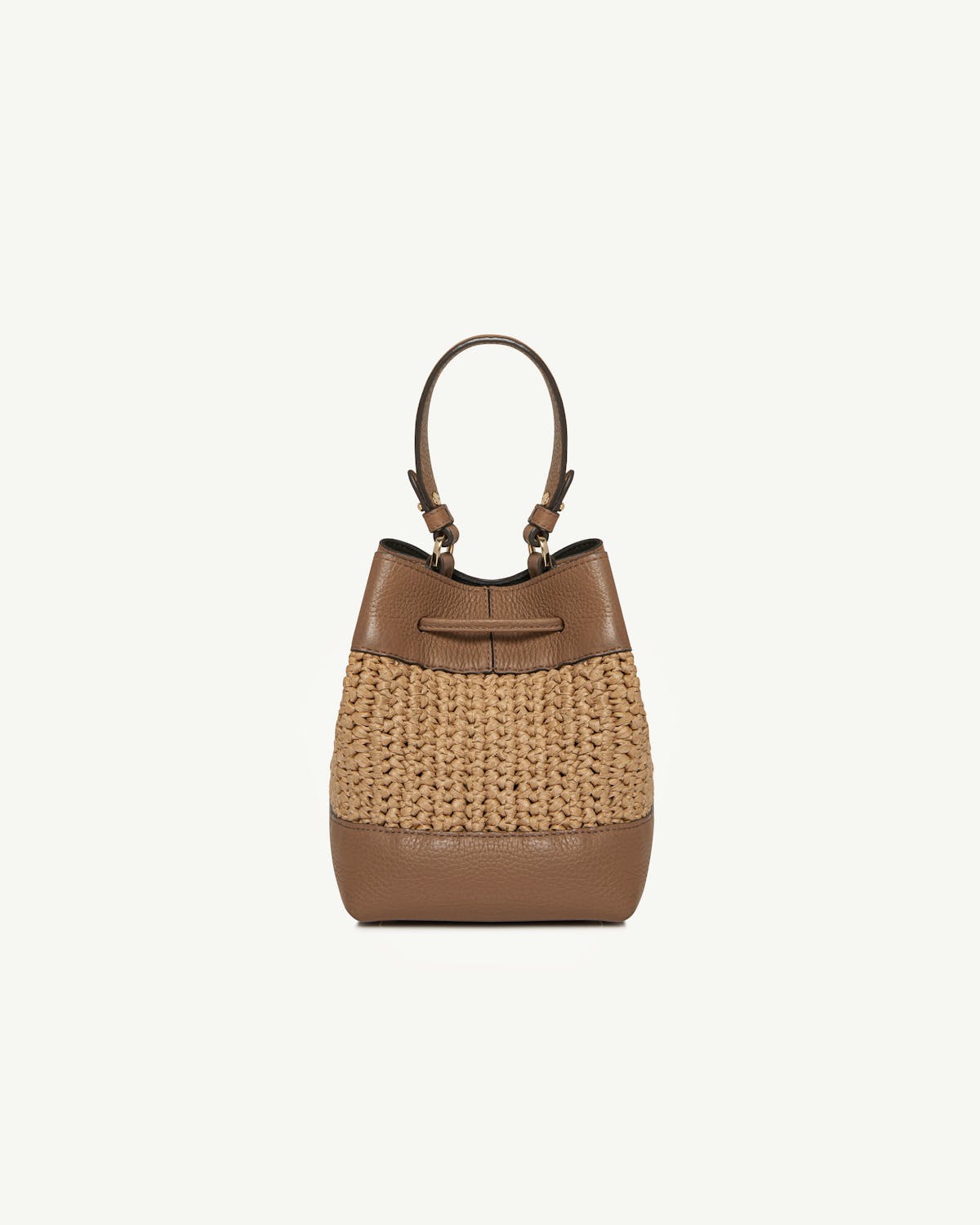 Osette raffia and clay bucket bag with single top handle.