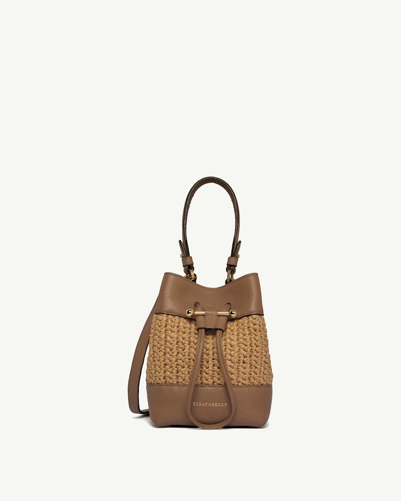 Strathberry Osette bucket bag in raffia and clay with top handle