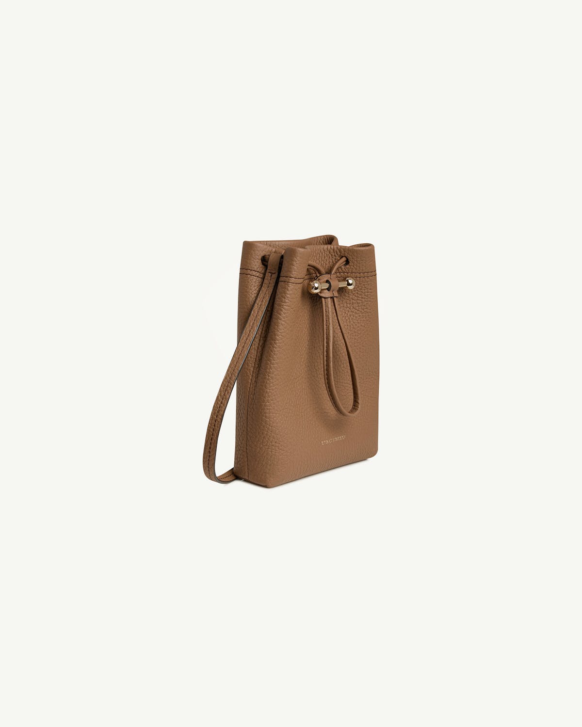 Strathberry Osette Midi pouch in clay with drawstring closure and strap.
