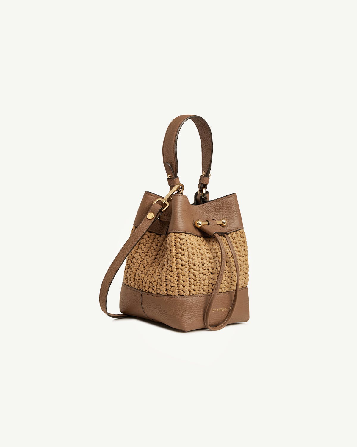 Raffia and clay Osette bucket bag with top handle and drawstring, Strathberry