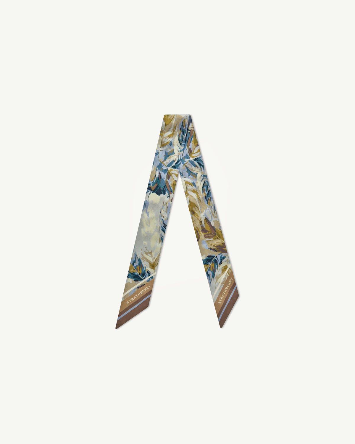 Strathberry silk skinny scarf in clay and blue abstract feather print