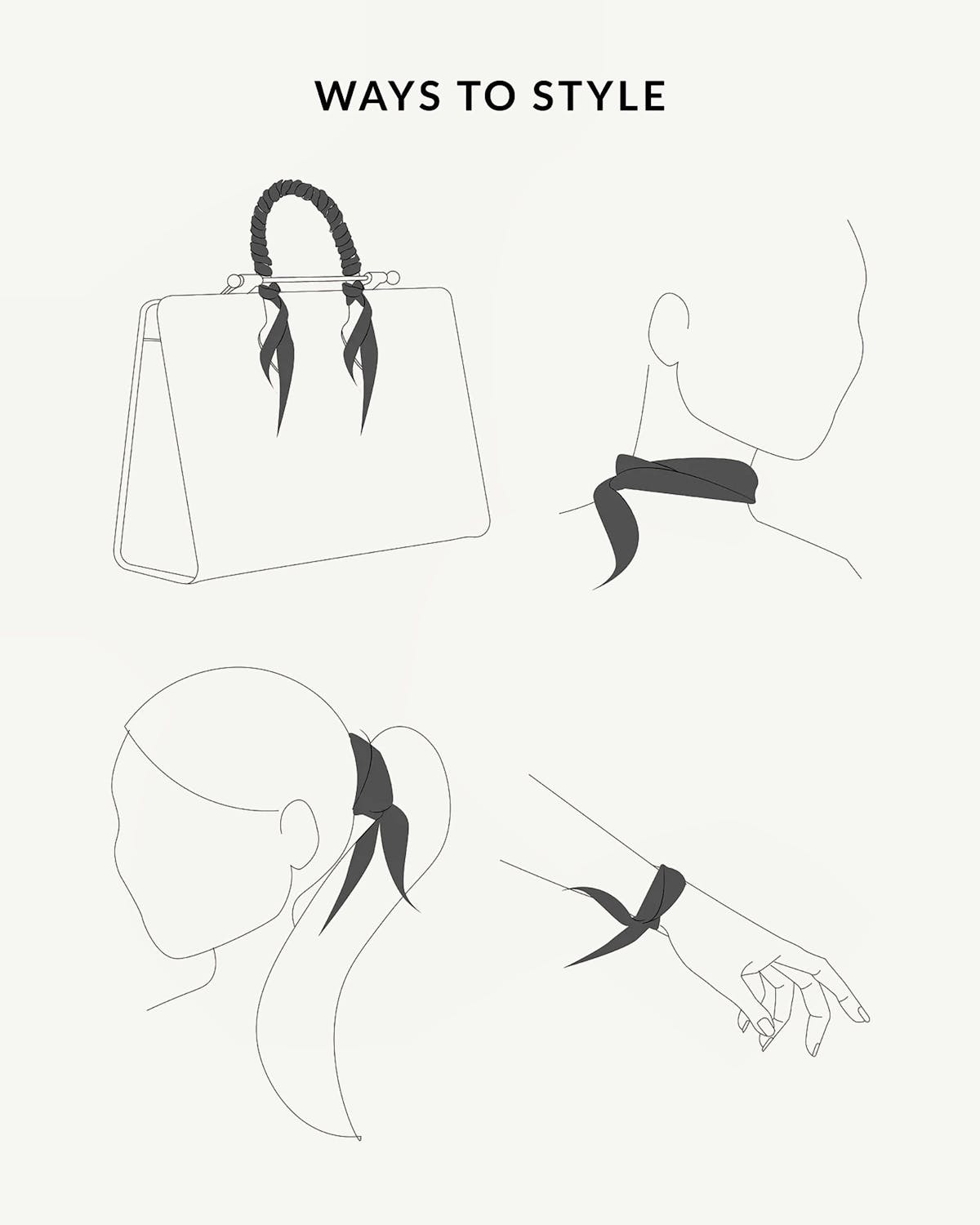 Illustrations of a silk skinny scarf styled on bag, neck, ponytail, and wrist