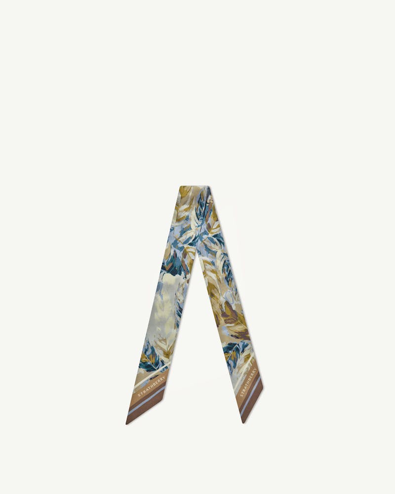 Strathberry silk skinny scarf, clay and blue abstract feather print