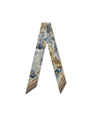 Silk skinny scarf in clay and blue abstract feather print