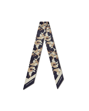 Silk skinny scarf with abstract floral print in navy and sand colours