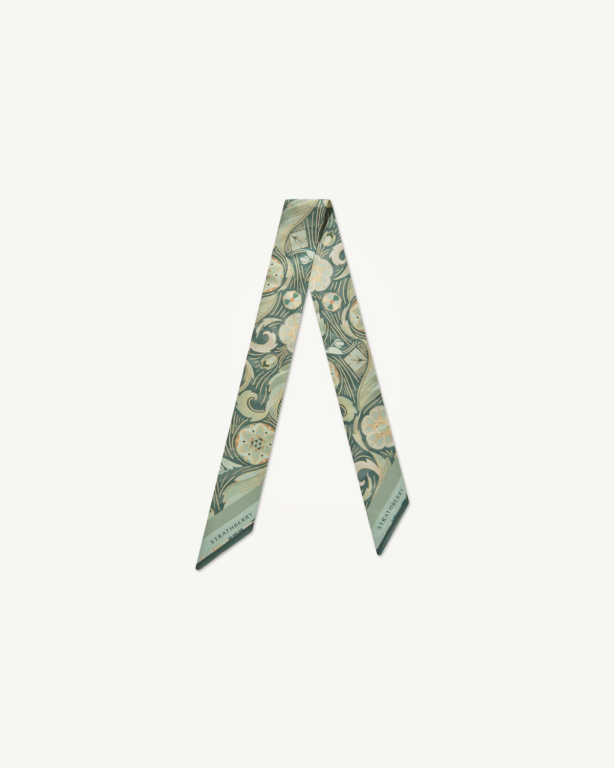 Sage silk skinny scarf with arcade floral print and Strathberry logo.
